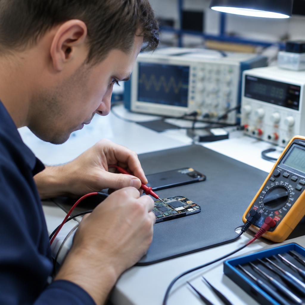 Multimeter probing a circuit board during diagnosis