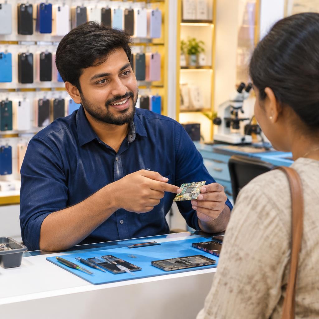 Technician explaining the diagnosis to a customer