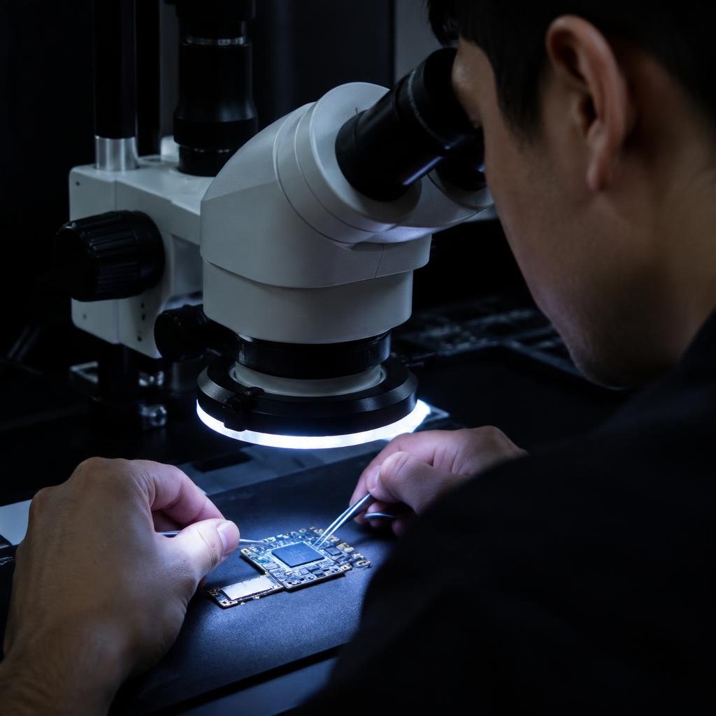 Board inspected under a stereo microscope