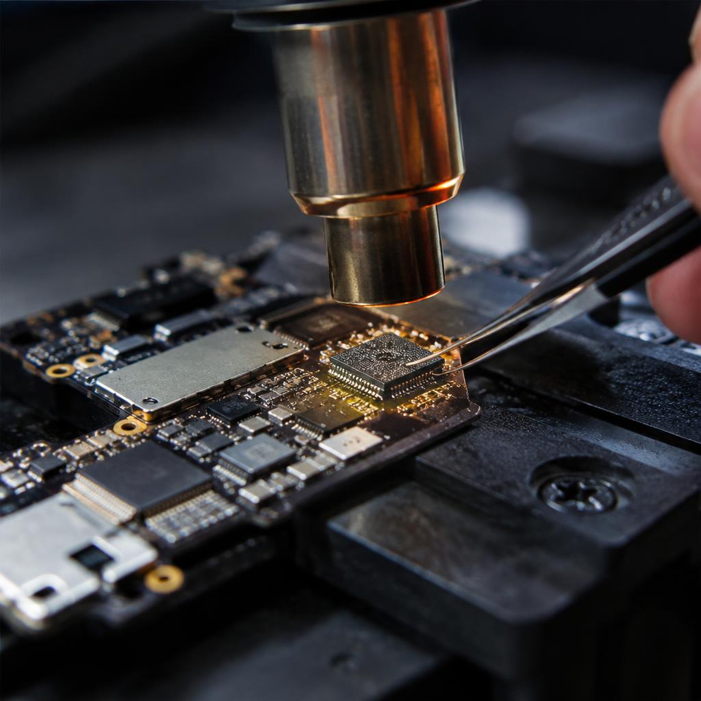 Hot-air rework tool soldering a chip on a logic board