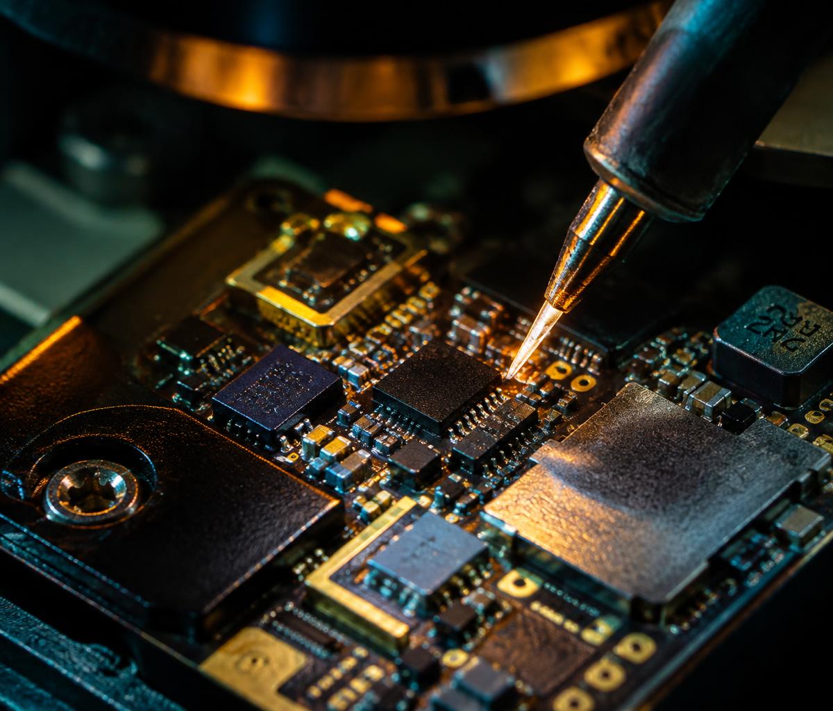 A fine-tipped soldering iron working on a tiny chip of a phone motherboard