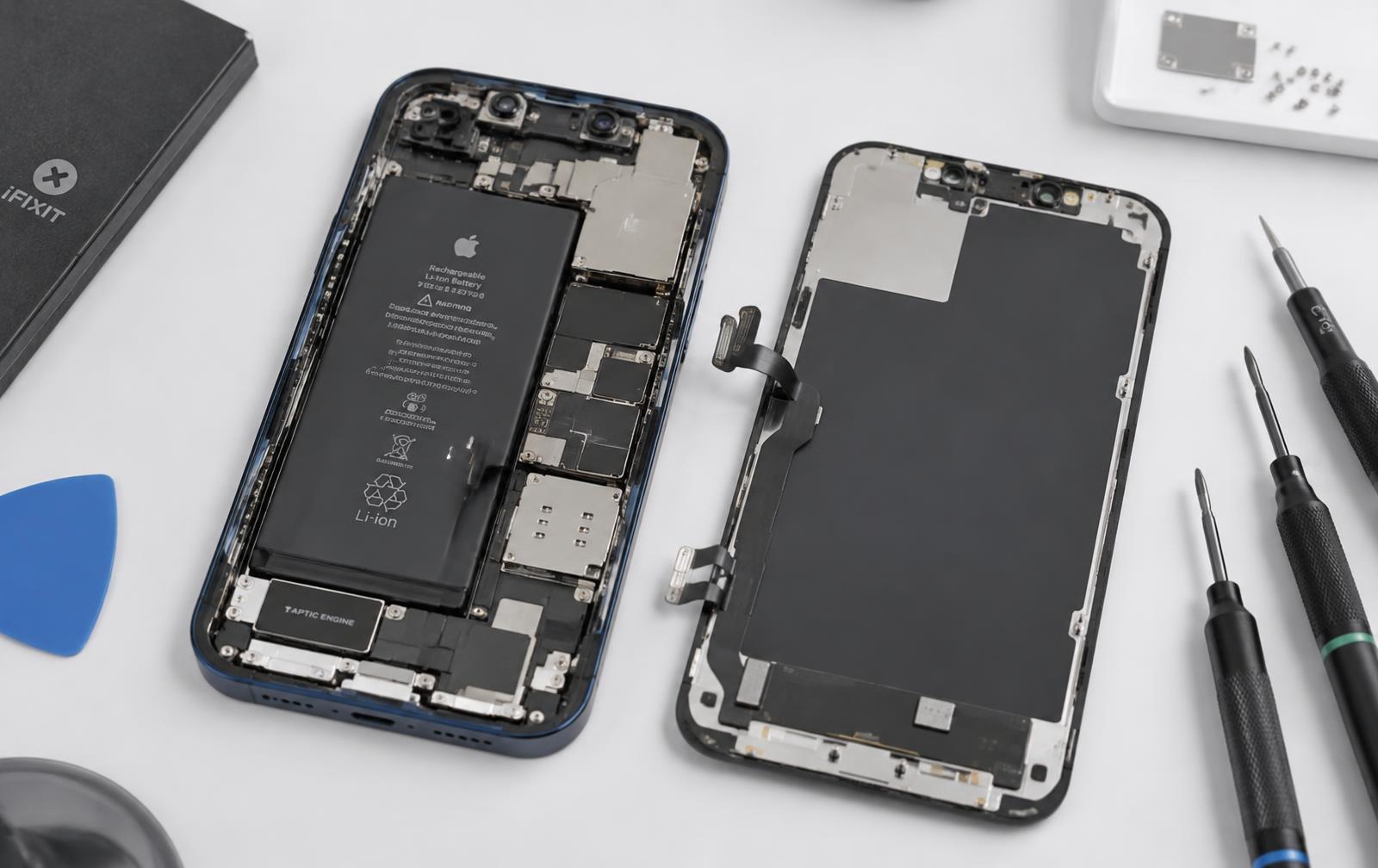 Disassembled smartphone with precision tools on a clean white workbench