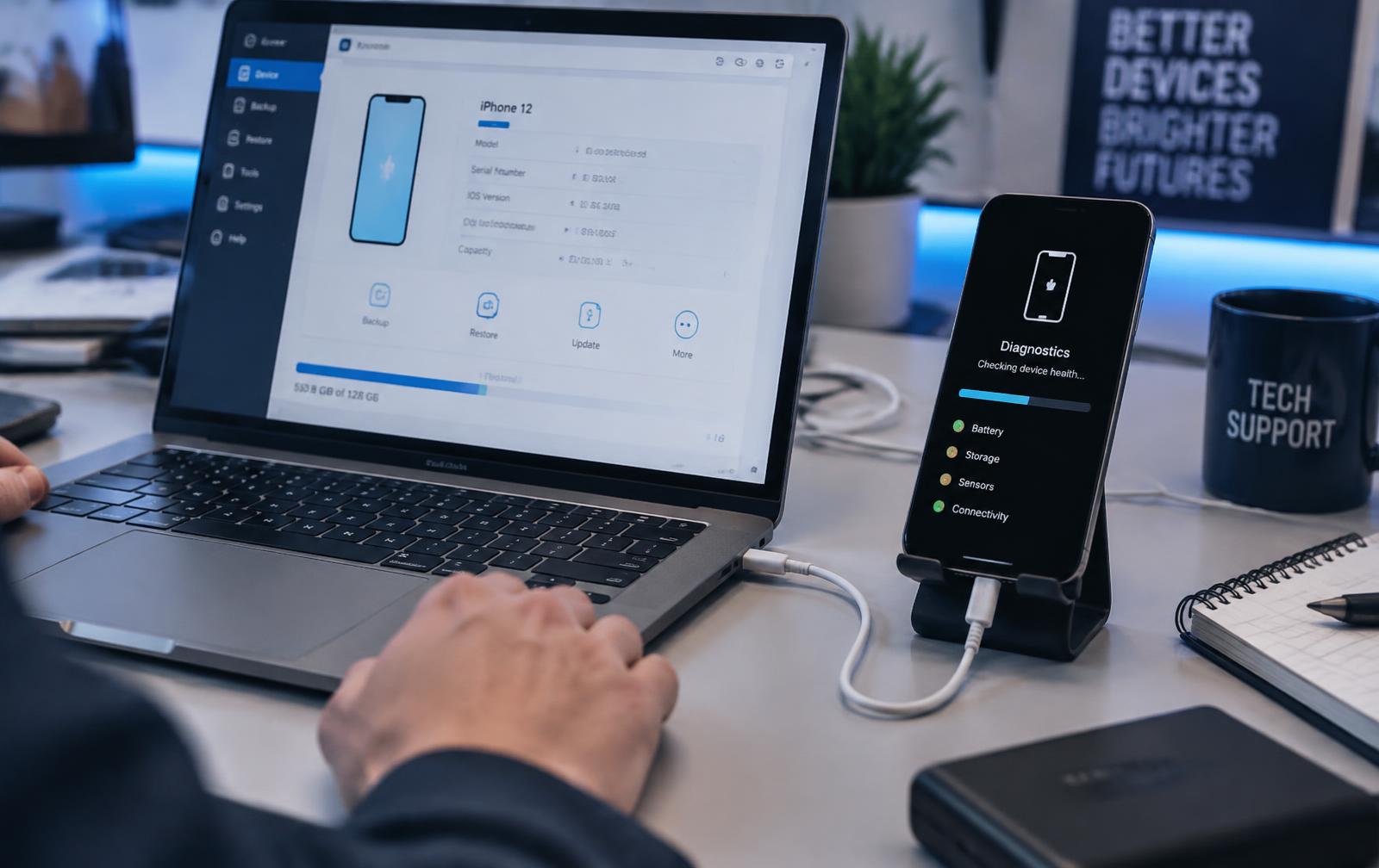 Laptop running phone diagnostics software with a smartphone connected