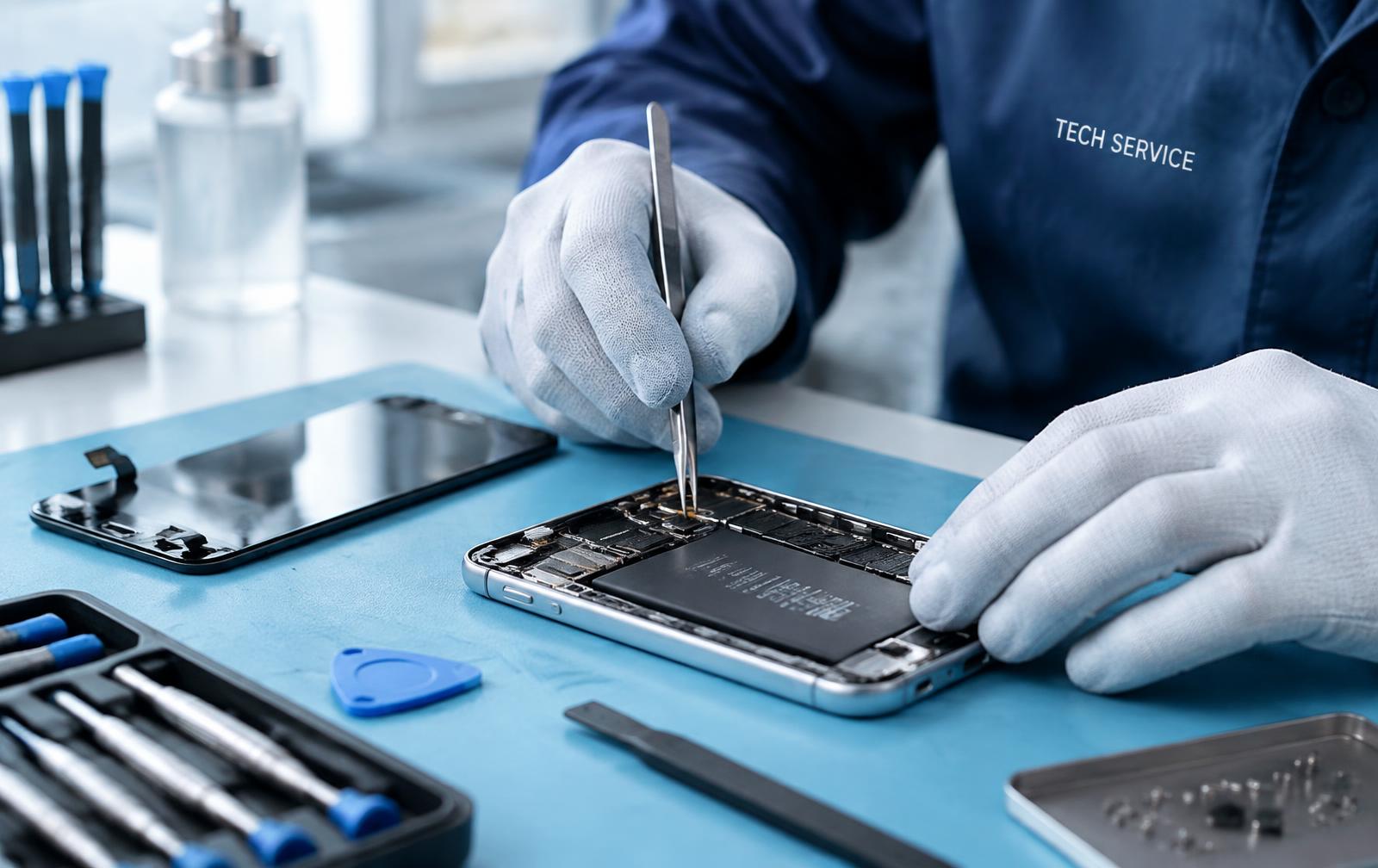 Technician repairing an opened smartphone at a workbench