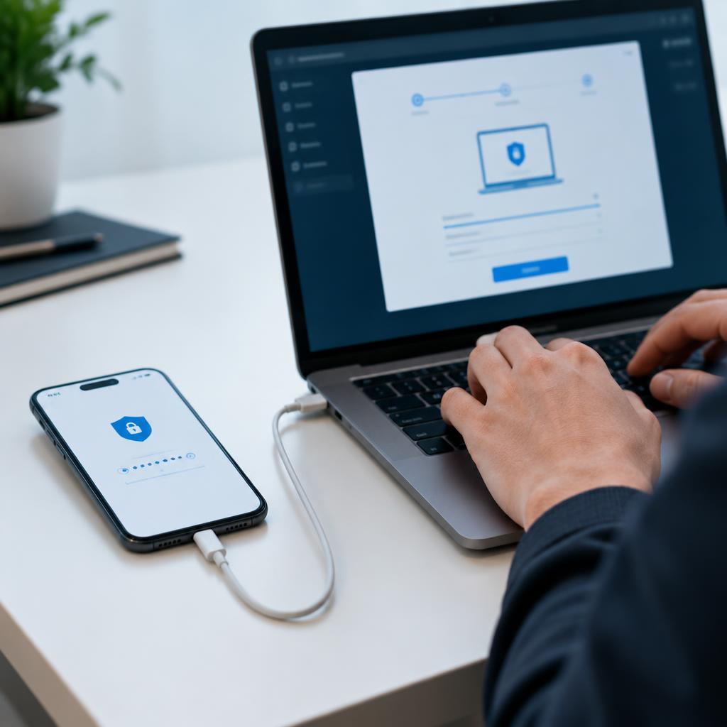 Phone showing a security verification screen beside a laptop