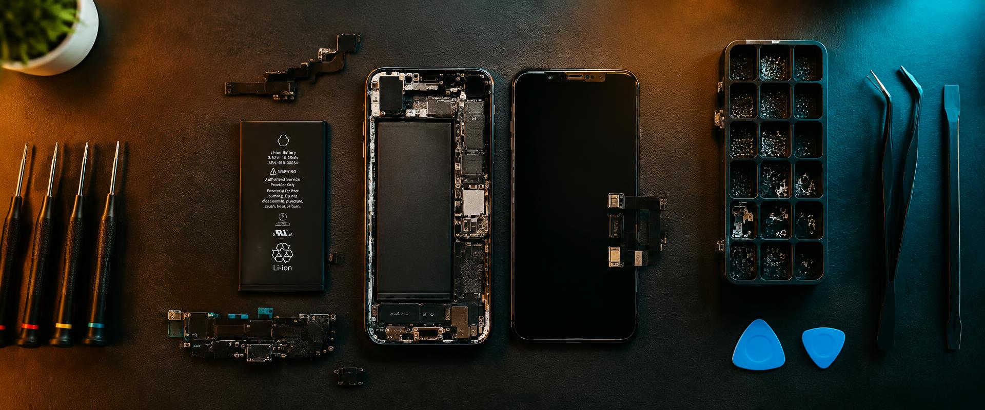 A smartphone neatly disassembled beside precision repair tools on the workbench
