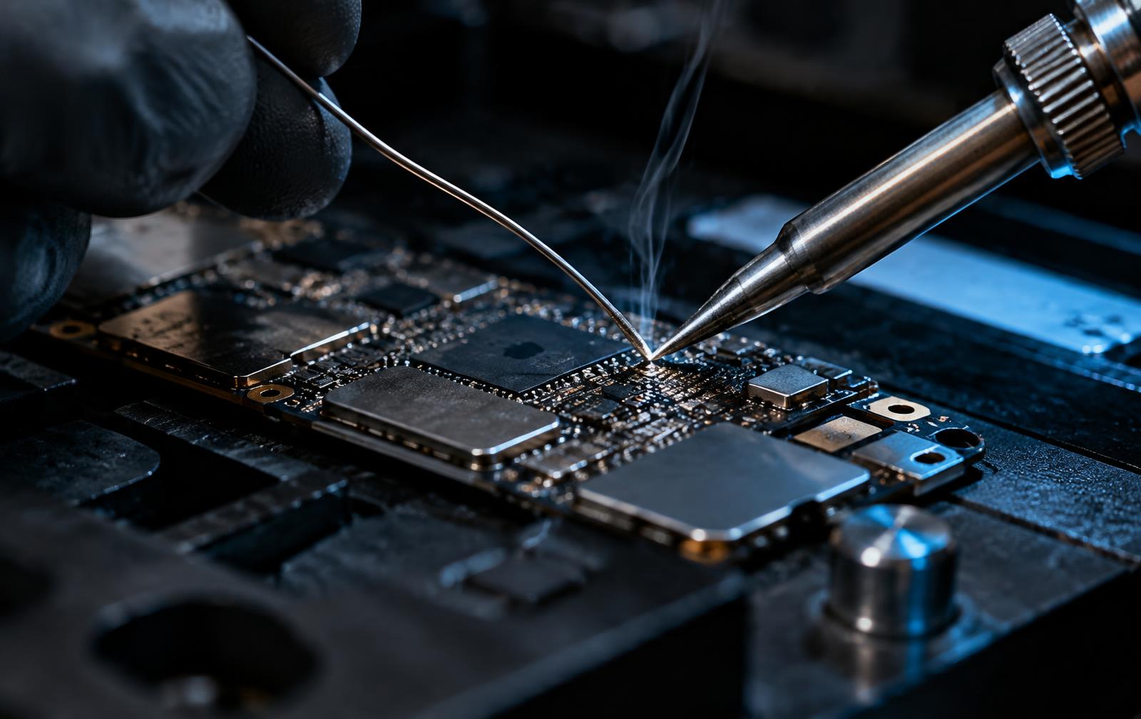 Precision micro-soldering on a phone motherboard