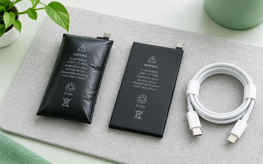 Phone battery and charging components laid out for inspection