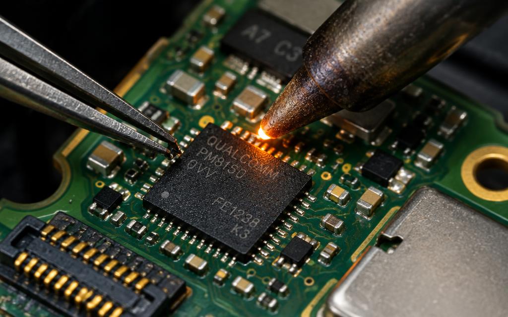 Technician micro-soldering a chip on a phone motherboard