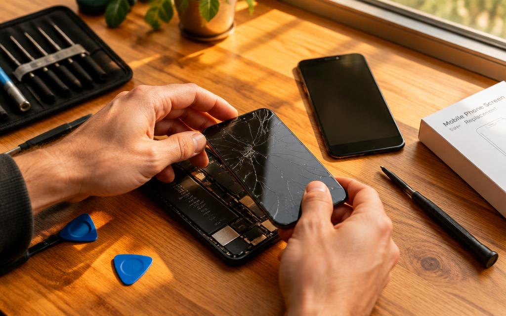 Smartphone with a separated display being repaired on a workbench