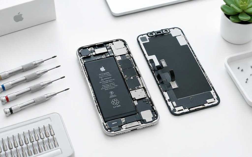 Disassembled iPhone being serviced with precision tools