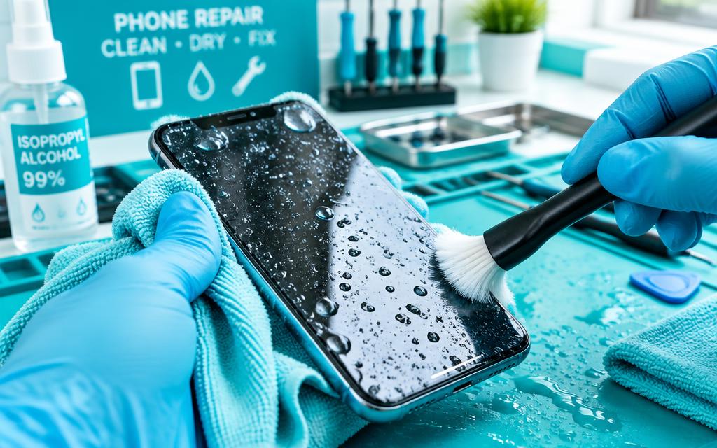 Water-affected phone opened up for cleaning and inspection