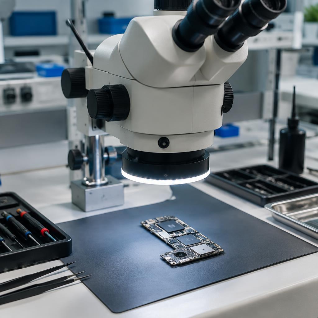 Stereo microscope focused on a phone circuit board