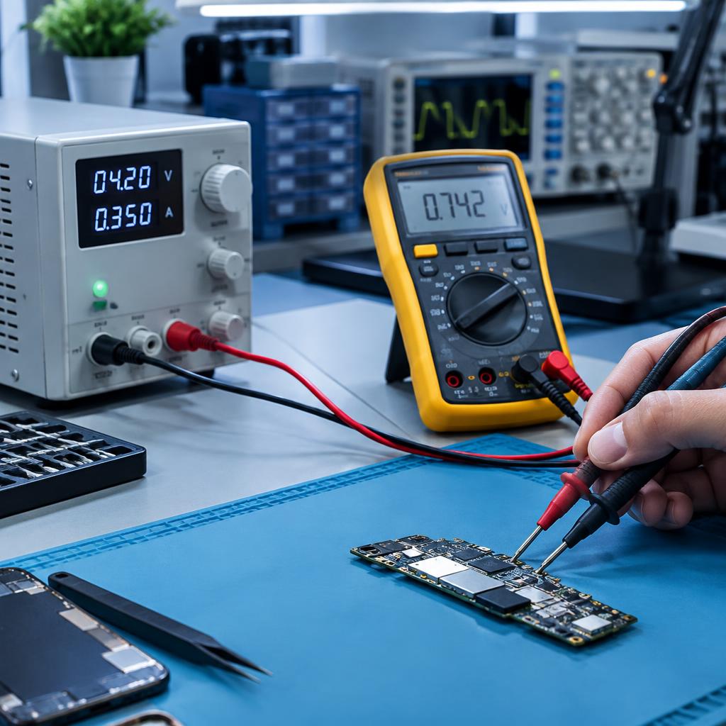 DC bench power supply and multimeter measuring a circuit board