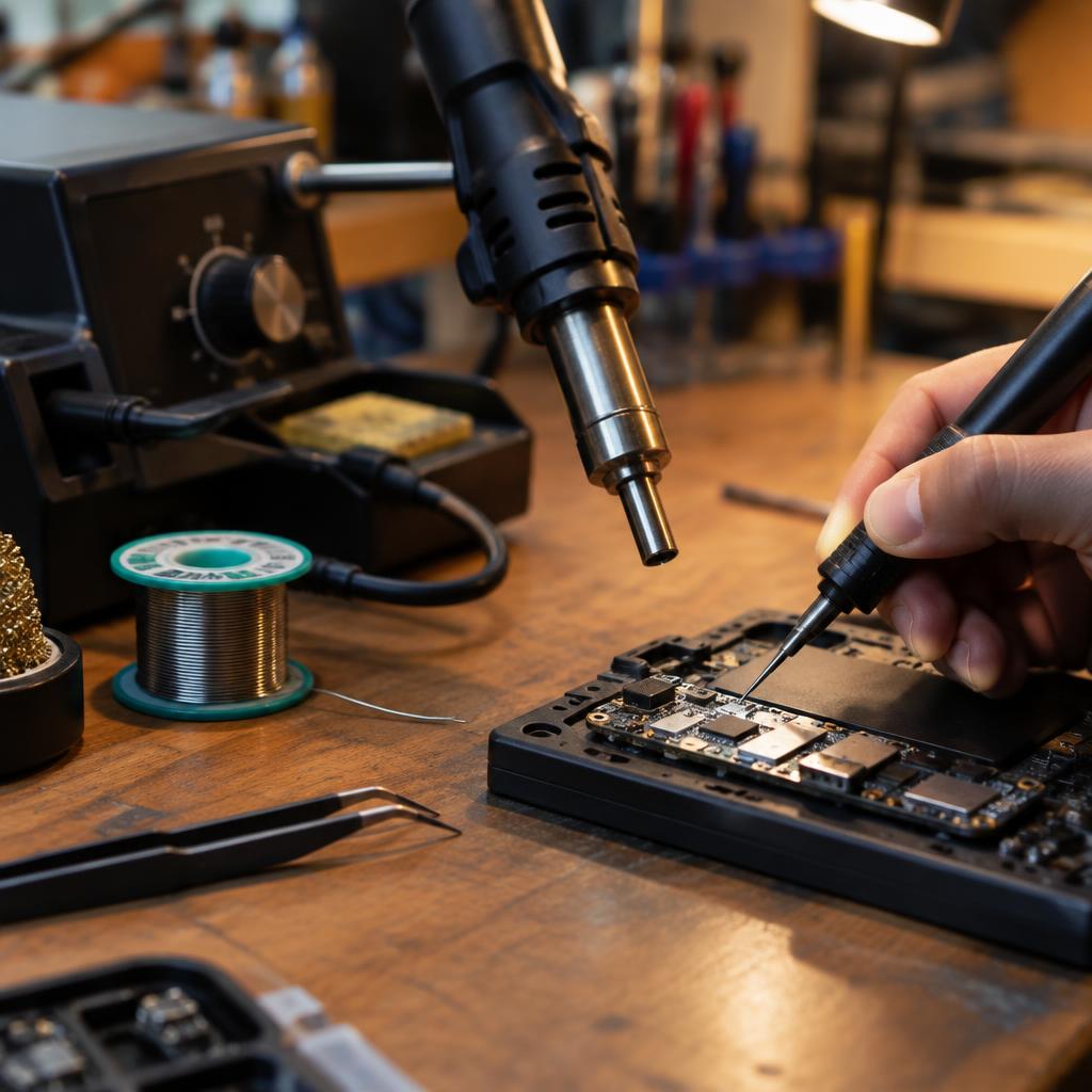 Micro-soldering station and hot-air rework tool on a workbench
