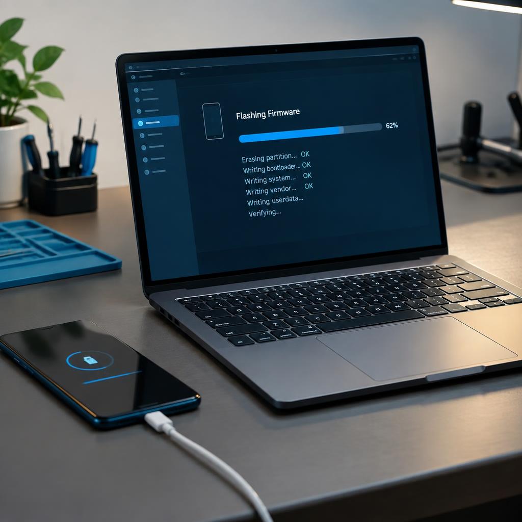 Laptop running firmware software with a phone connected by cable