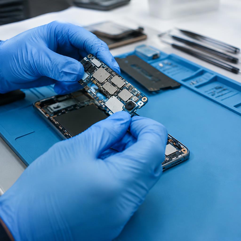 Gloved hands carefully handling a phone's internal components