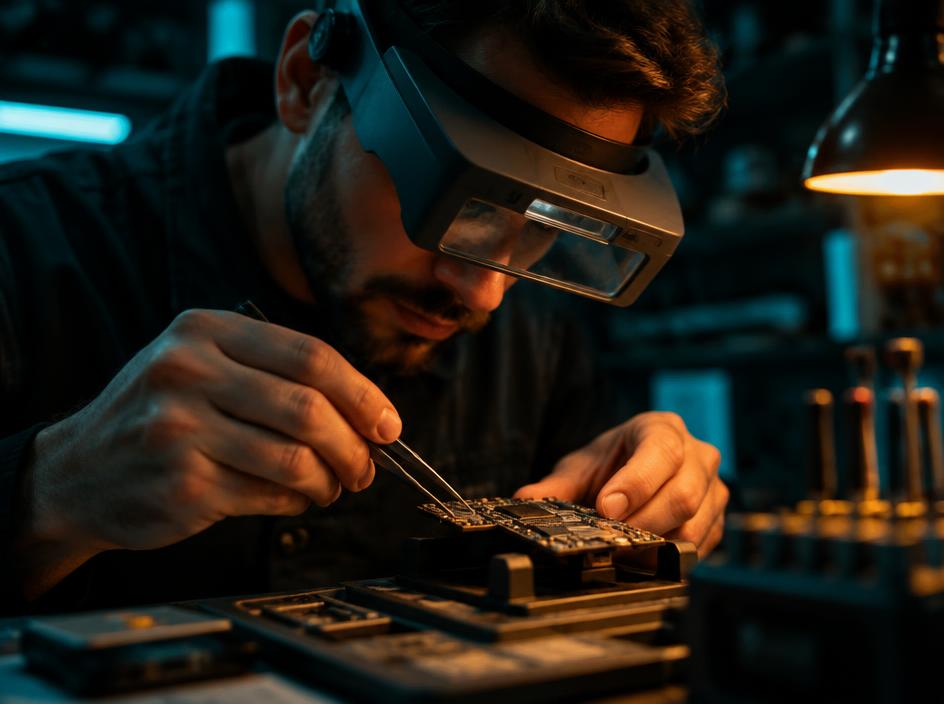 Technician examining a phone board for a complex fault