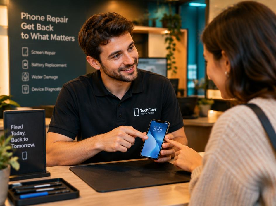 Technician explaining a diagnosis to a customer at the counter
