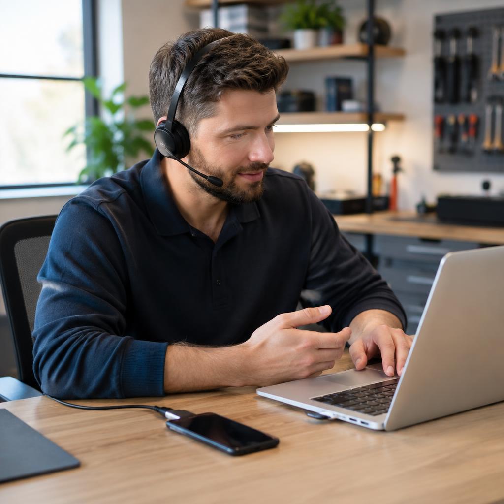 Technician providing remote support over a headset and laptop