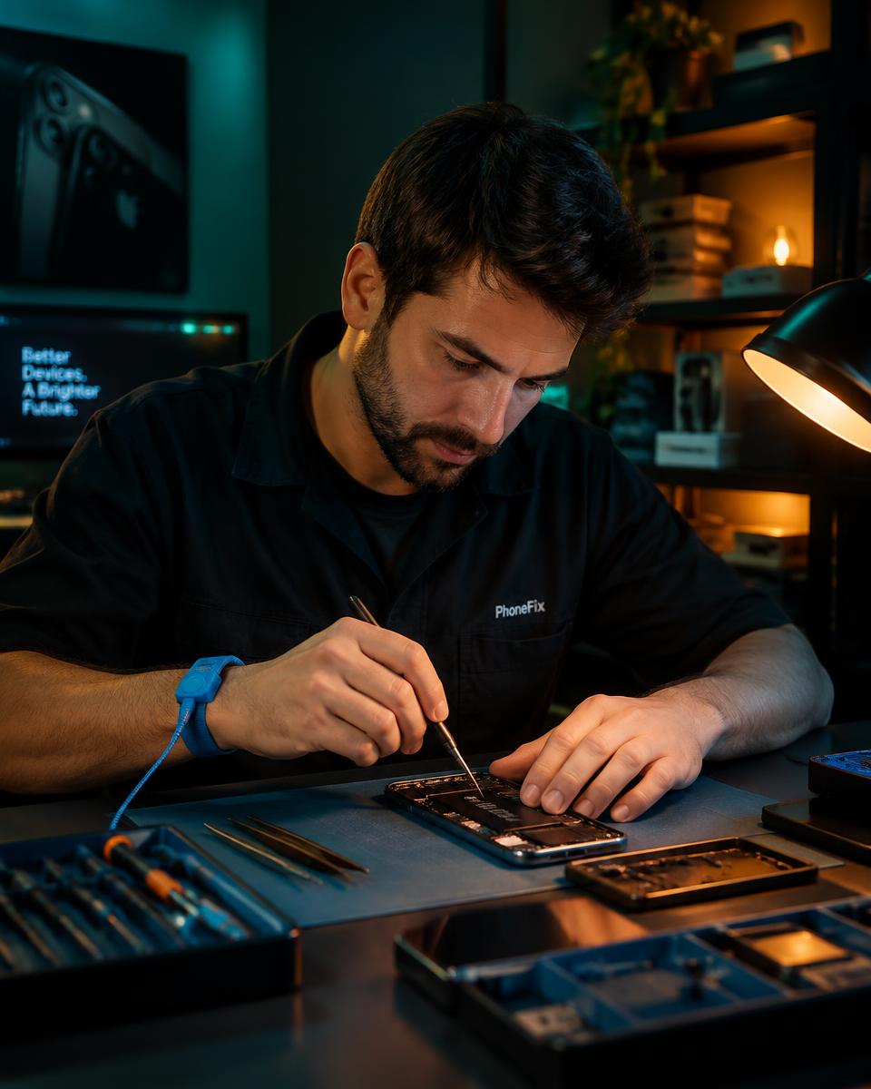 Technician carefully repairing a smartphone at the workbench